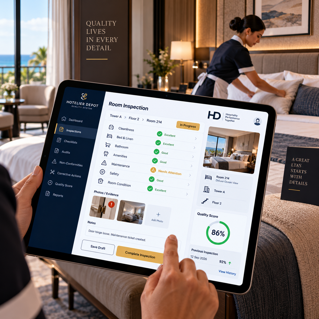 Digital hotel room inspection checklist and quality score