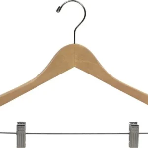 17" Natural Wood Combo Hanger W/ Clips & Notches - 100 pcs
