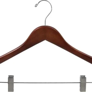17" Walnut Wood Combo Hangers W/ Clips & Notches - 100 pcs